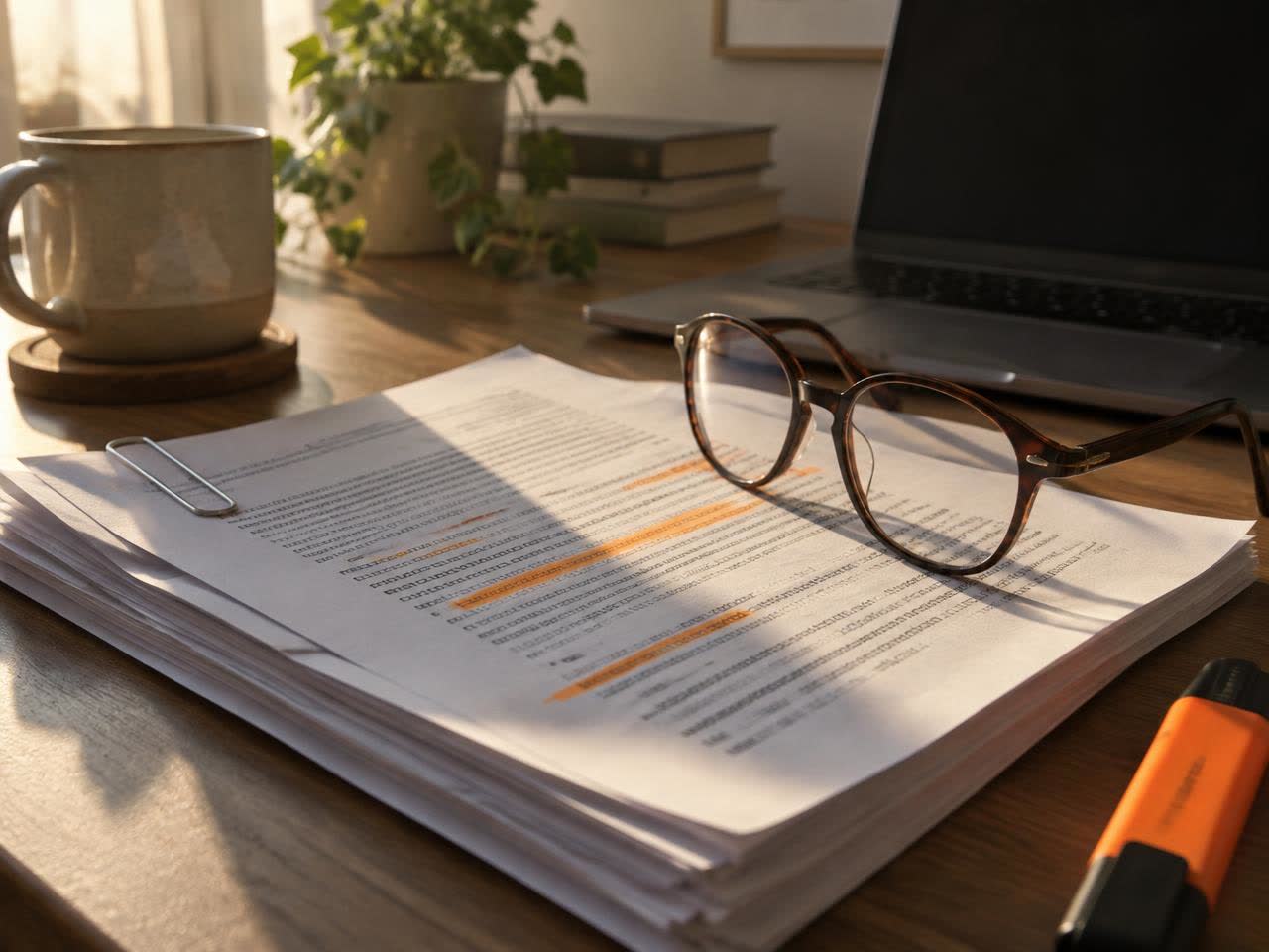 Printed documents with highlighted passages and reading glasses on a desk